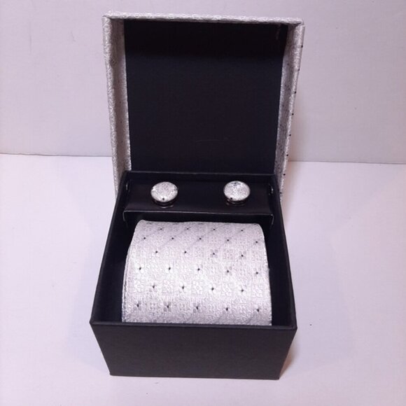 NEW 3-Pc Boxed Gift Tie Set Coordinated Print Cuff Links Hankerchief Hand Sewn - Picture 2 of 7